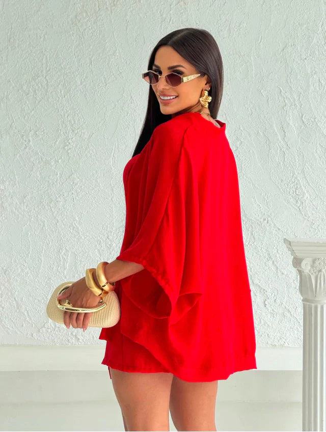 Conjunto feminino cropped e saia com kimono